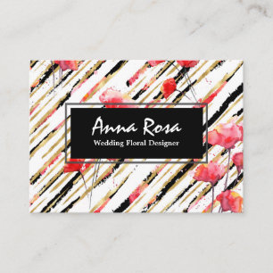 *~* Chic White Floral Red Poppy Glitter Foil Black Visitekaartje