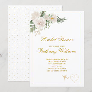 Chic White floral Travel Bridal Shower Invitation Kaart