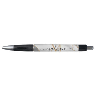 Chic White Gold Glitter Agate Monogram Script Name Pen