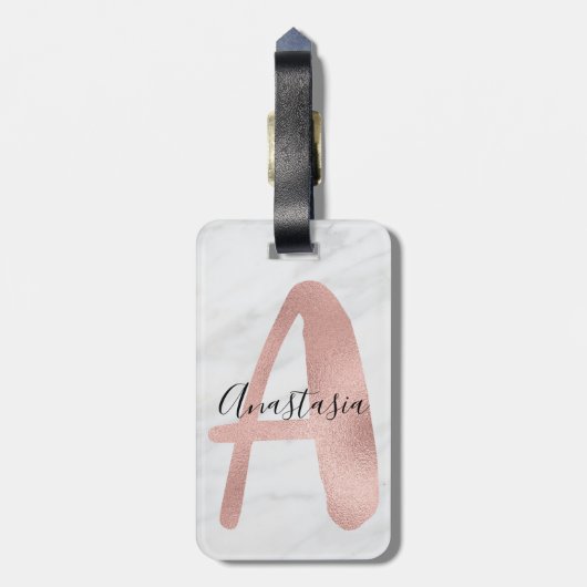 Chic White & Grey Marble Roos Gold A Monogram naam Bagagelabel (Achterkant verticaal)