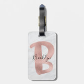 Chic White & Grey Marble Roos Gold B Monogram Naam Bagagelabel (Achterkant verticaal)