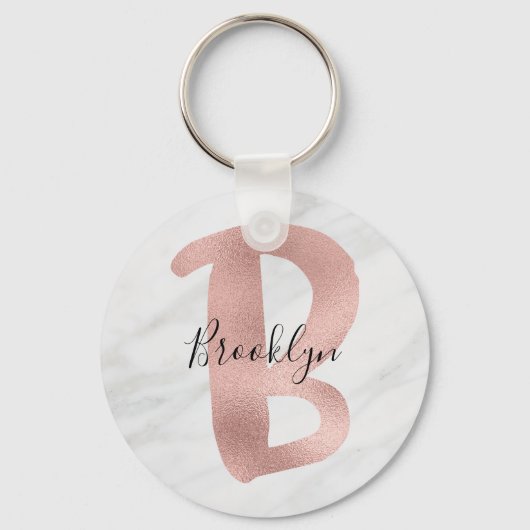 Chic White & Grey Marble Roos Gold B Monogram Naam Sleutelhanger (Voorkant)