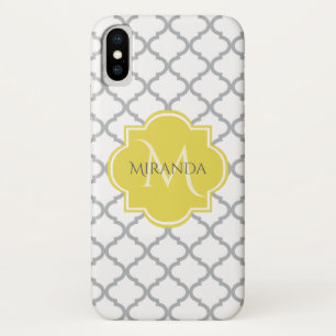 Chic White Grey Quatrefoil Geel Monogramnaam iPhone X Hoesje