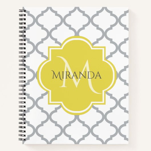 Chic White Grey Quatrefoil Geel Monogramnaam Notitieboek (Voorkant)