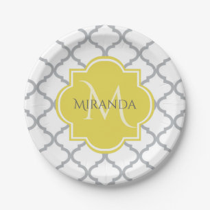 Chic White Grey Quatrefoil Geel Monogramnaam Papieren Bordje