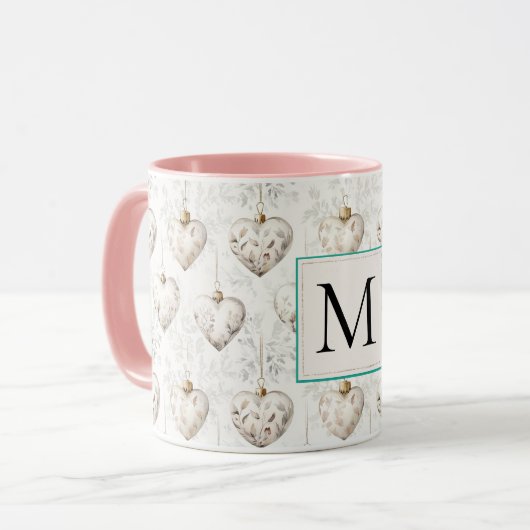 Chic White Heart Ornaments Monogram Mok (Voorkant links)