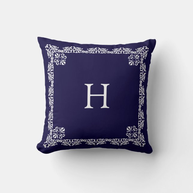Chic White Lace Vector & Monogram op Navy Blue Kussen (Voorkant)