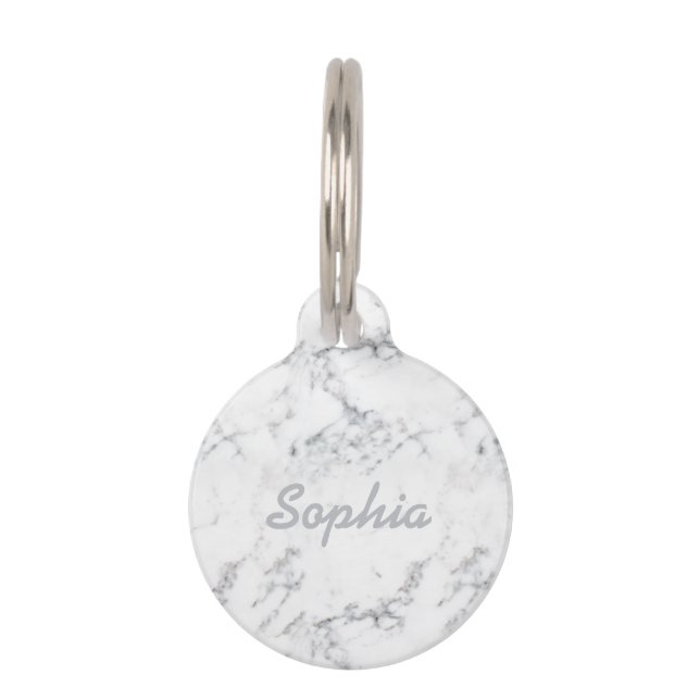 Chic White Marble Texture Kijk & Custom Pet Name Huisdierpenning (Voorkant)