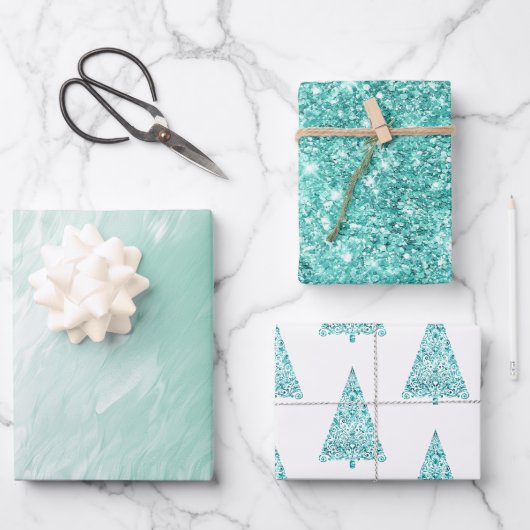 Chic White Mint Kerstbomen Glitter Inpakpapier Vel (Voorkant)