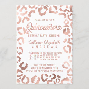 Chic White Rose Gold Cheetah Leopard Quinceañera Kaart