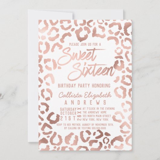 Chic White Rose Gold Cheetah Leopard Sweet 16 Kaart (Voorkant)