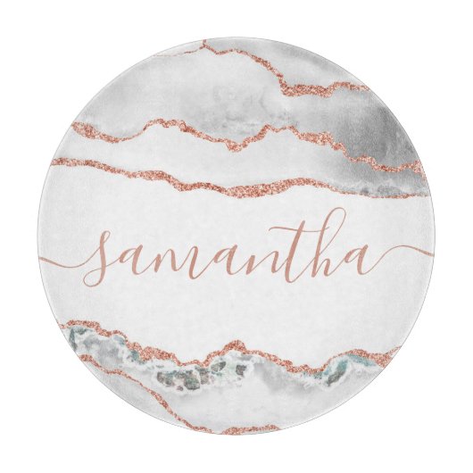 Chic White Rose Gold Glitter Agate Custom Name Snijplank (Voorkant)