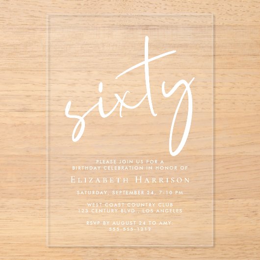 Chic White Script 60ste verjaardagsfeestje Acryl Uitnodigingen (Voorkant)