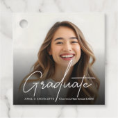 Chic White Script Afstuderen Foto Bedankjes Labels (Voorkant)