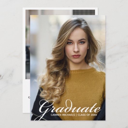 Chic White Script Overlay Afstuderen Foto Aankondiging (Voorkant / Achterkant)