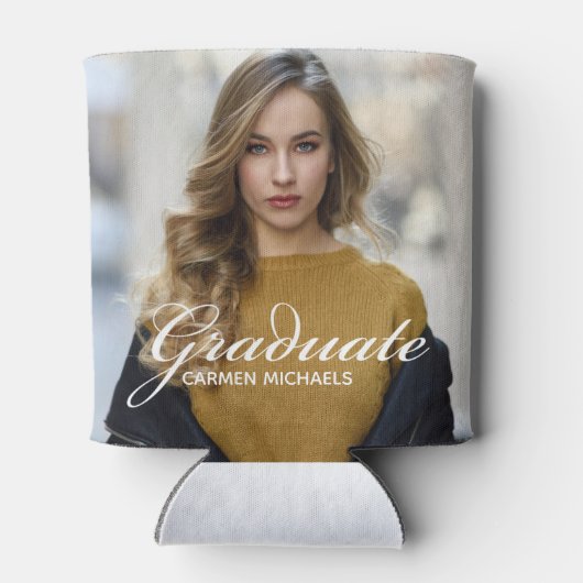 Chic White Script Overlay Afstuderen Foto Blikjeskoeler (Achterkant)