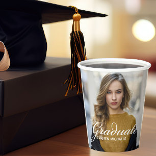Chic White Script Overlay Afstuderen Foto Papieren Bekers