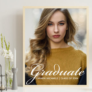 Chic White Script Overlay Afstuderen Foto Poster