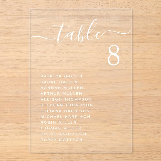 Chic White Script Trouwtafel Zitting Grafiek Acryl Uitnodigingen (Voorkant)