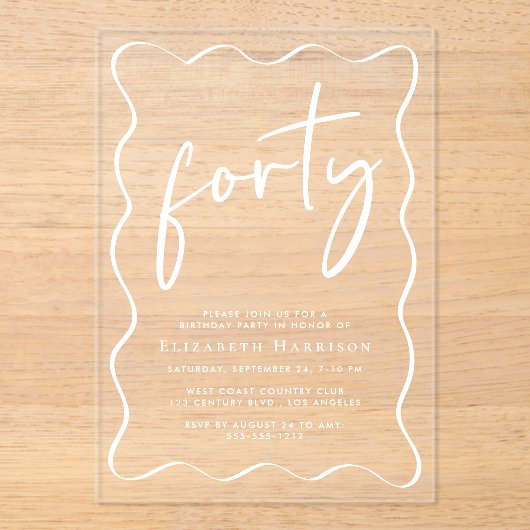 Chic White Script Wavy Lijst 40ste verjaardagsfees Acryl Uitnodigingen (Voorkant)