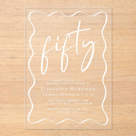 Chic White Script Wavy Lijst 50ste verjaardagsfees Acryl Uitnodigingen (Voorkant)