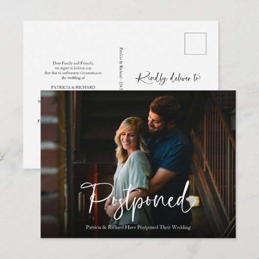 Chic White Script Wedding uitgesteld Briefkaart (Voorkant / Achterkant)