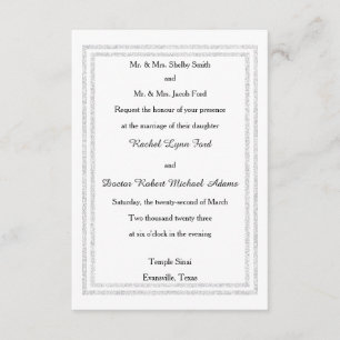 Chic White Silver Glitter Trim-3x5Wedding Invition Kaart
