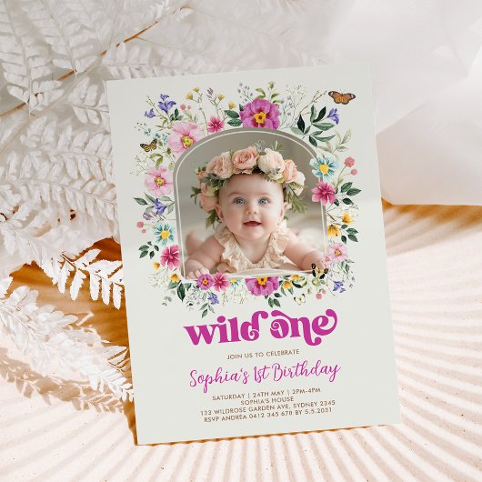 Chic Wild One Spring Wildflower 1e verjaardag foto Kaart