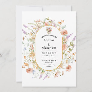 chic wilde bloemen Schattigee gouden weide bruilof Kaart