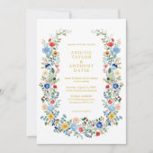 Chic Wildflower Krans Gouden Script Tuin Trouwen Kaart (Voorkant)