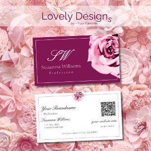 Chic Wine Red en White Pink Rose Initialen QR-code Visitekaartje