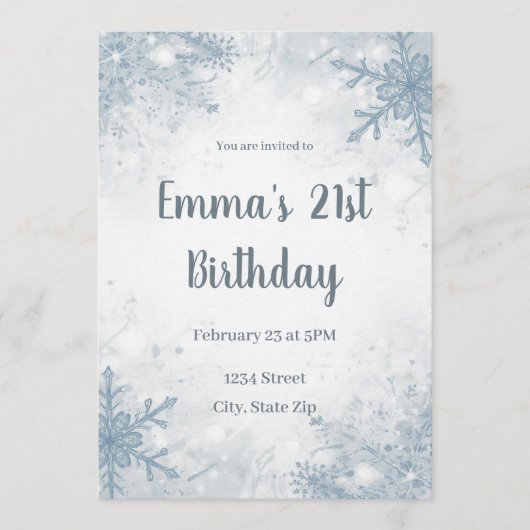 Chic Winter 21st Birthday Invitation – Snowflakes (Devant)