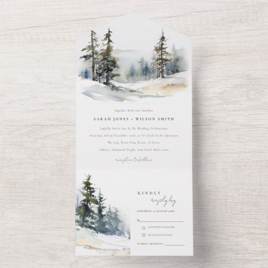 Chic Winter Pine Trees Sneeuwlandschap Trouwen All In One Uitnodiging (Binnen)