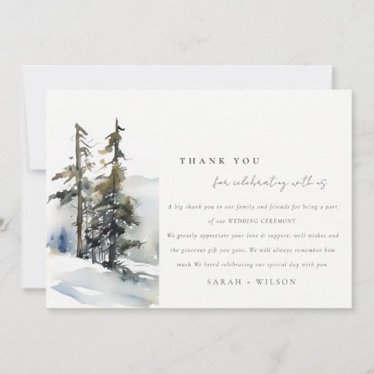 Chic Winter Pine Trees Sneeuwlandschap Trouwen Bedankkaart (Voorkant)