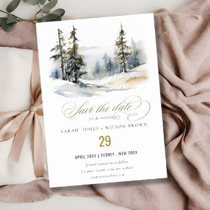 Chic Winter Pine Trees Sneeuwlandschap Trouwen Save The Date