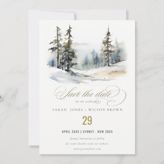 Chic Winter Pine Trees Sneeuwlandschap Trouwen Save The Date (Voorkant)