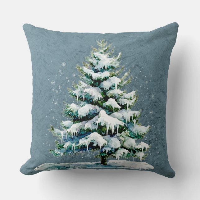 Chic Winter Waterverf Snowy Spruce Tree Monogram Kussen (Voorkant)