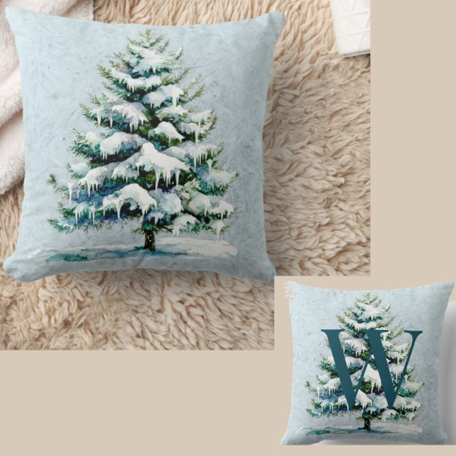 Chic Winter Waterverf Snowy Spruce Tree Monogram Kussen (Creator heeft geüpload)