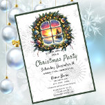 Chic Winter Wonderland Christmas Party Invitation<br><div class="desc">Fête Noël ou à tout moment pendant la saison des fêtes d'hiver avec ces invitations qui vous permettent de re-écrire pour votre événement unique. Tourner vos Invitations de Noël / Fête de Vacances sera une luscious aquarelle couronne à feuillage persistant encadrant une fenêtre remplie d'une scène de coucher de soleil...</div>