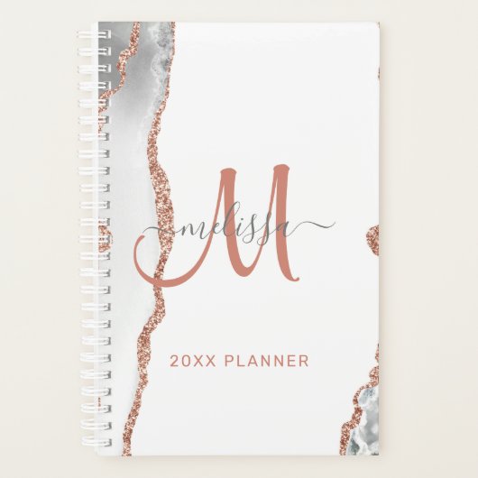 Chic Wit Rose Goud Glitter Agaat Monogram 2024 Planner (Voorkant)