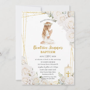 Chic Witte Bloemen Doop Doopsel Bidden Meisje Kaart