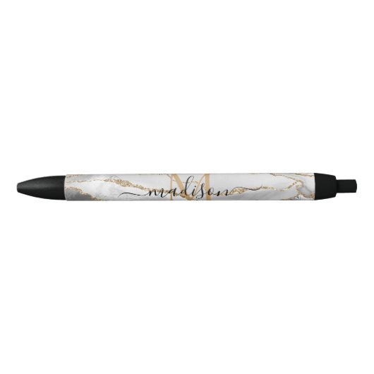 Chic Witte Gouden Glitter Agate Initialen Script N Zwarte Inkt Pen (Voorkant)
