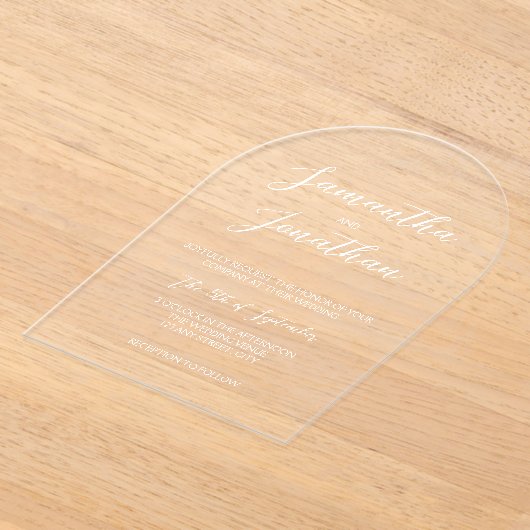 Chic witte kalligrafie script boog bruiloft acryl uitnodigingen (Laagn)