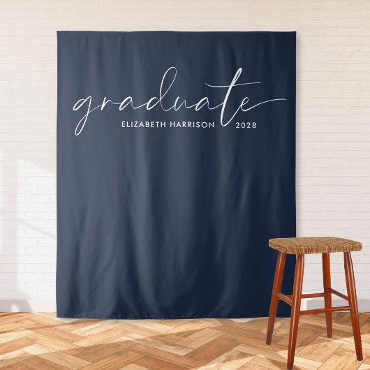 Chic witte script blauwe afstudeer achtergrond wandkleed