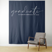 Chic witte script blauwe afstudeer achtergrond wandkleed (In situ)