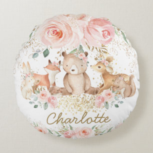 Chic Woodland Animals Blush Floral Girl Bedroom Rond Kussen