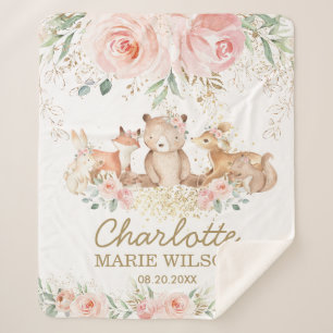 Chic Woodland Animals Blush Floral New Baby Girl Sherpa Deken