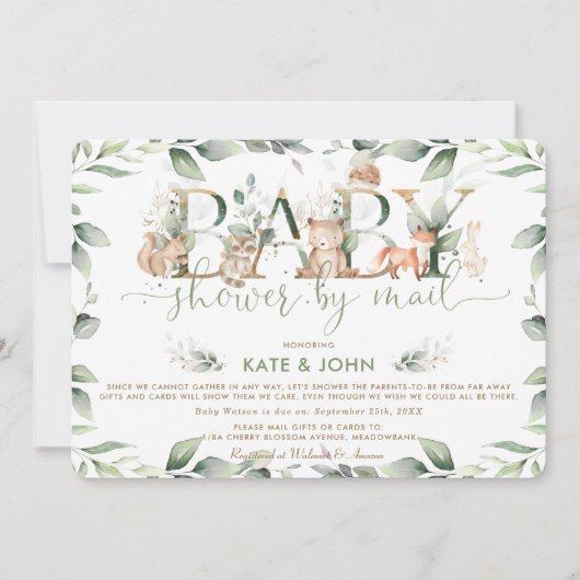 Chic Woodland Animals Greenery Baby shower per pos Kaart (Voorkant)