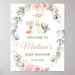 Chic Woodland Animals Greenery Floral Welcome Sign Poster