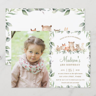 Chic Woodland Animals Greenery Verjaardagsfoto Kaart